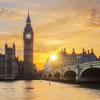 Big Ben and Westminster Bridge at sunset, London, UK